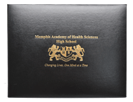 black leatherette diploma cover with gold foil debossing
